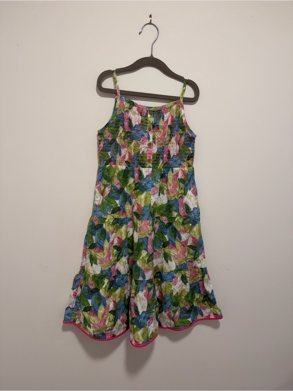 Fat Face Girls' Leaf Print Smocked Sundress in Green & Pink & Blue